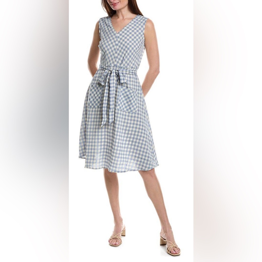 Nanette Lepore Maria Crinkle Gingham Midi Dress Belted V Neck Casual Size 8